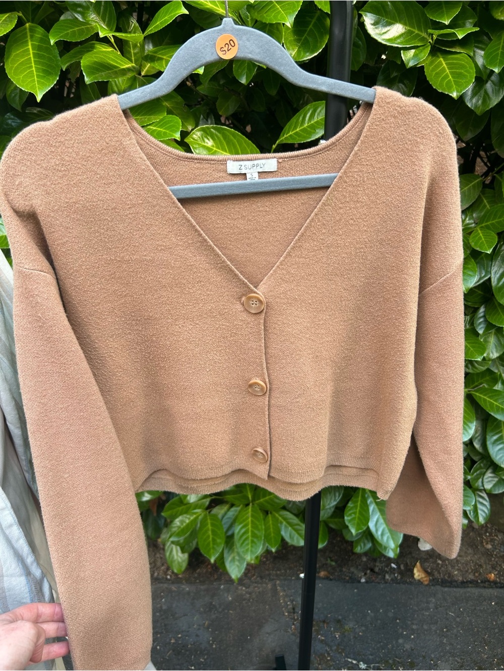 Z Supply Camel Button-Front Cropped V-Neck Cardigan